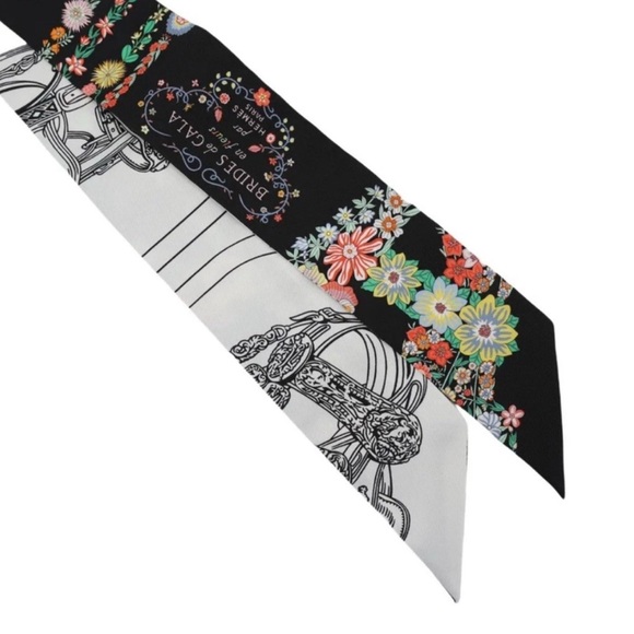 Hermes Twilly Brides de Gala en Fleurs Blanc / Black / Multicolor Silk Scarf - Picture 3 of 3